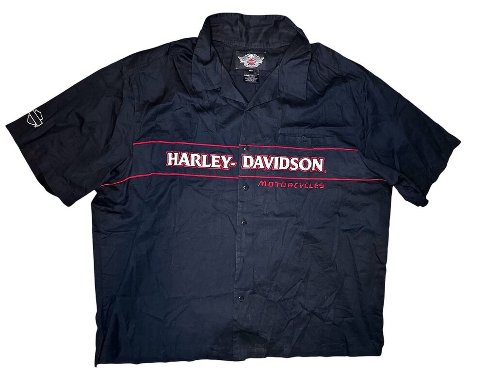 Harley Davidson Men's 3XL Black Button Up Shirt Short Sleeve Embroidered Vintage